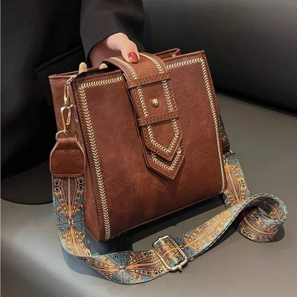 Brown Vegan Leather Western Strap Shoulder Crossbody - Picture 1 of 8